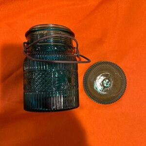 Vintage 1970s Avon Canning Jar Wire Bale Glass Lid Aqua Blue  #12369